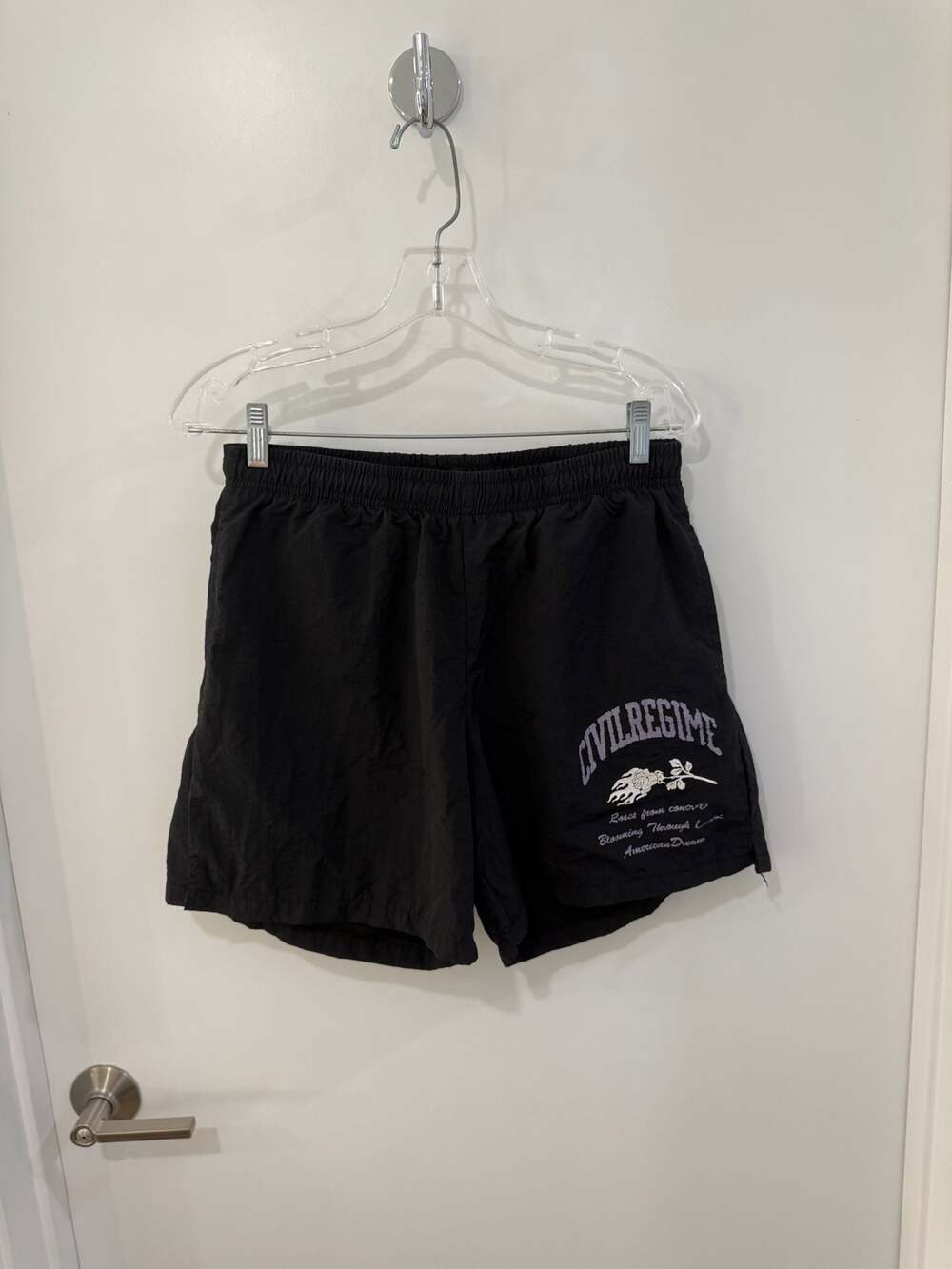 Civil Regime Men's Black Nylon Athletic Graphic Shorts with Rose Print
